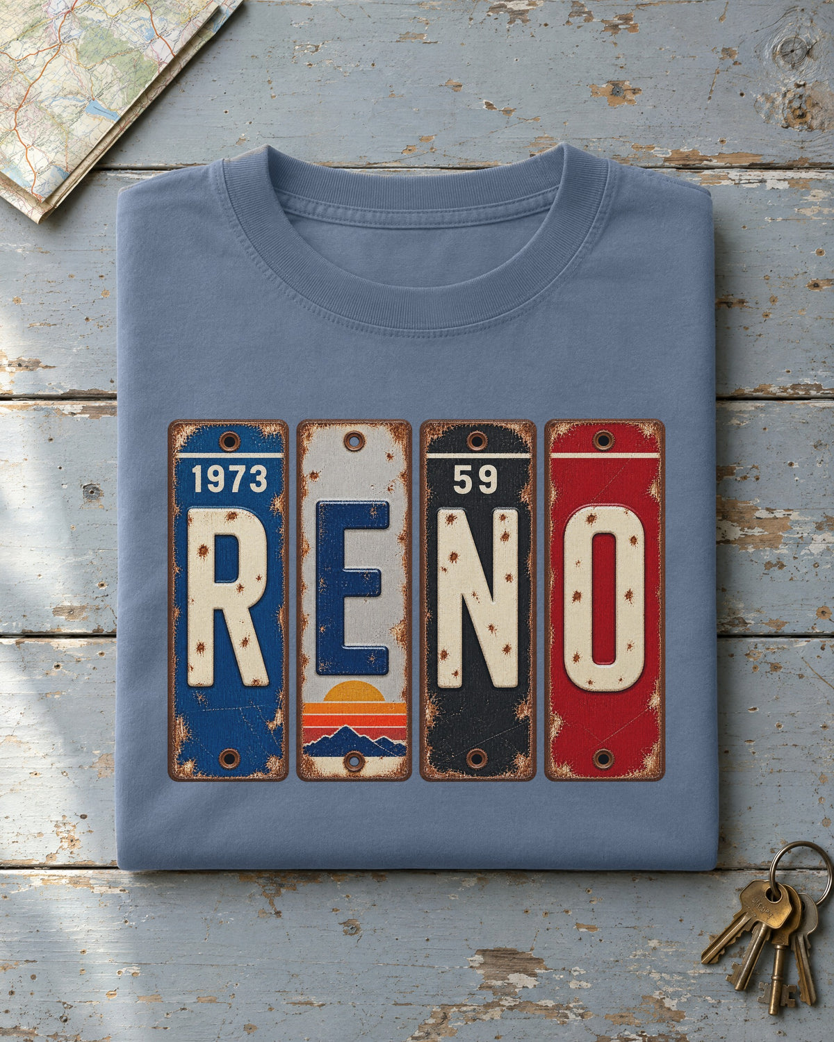 Reno, Nevada vintage license plate t-shirt in Blue Jean