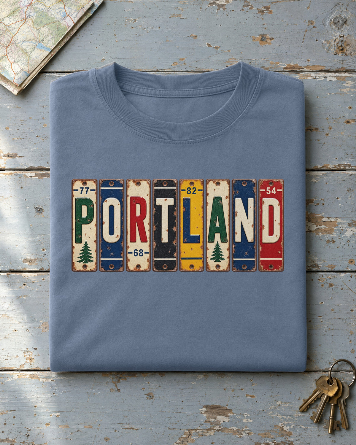 Portland, Maine vintage license plate t-shirt in Blue Jean