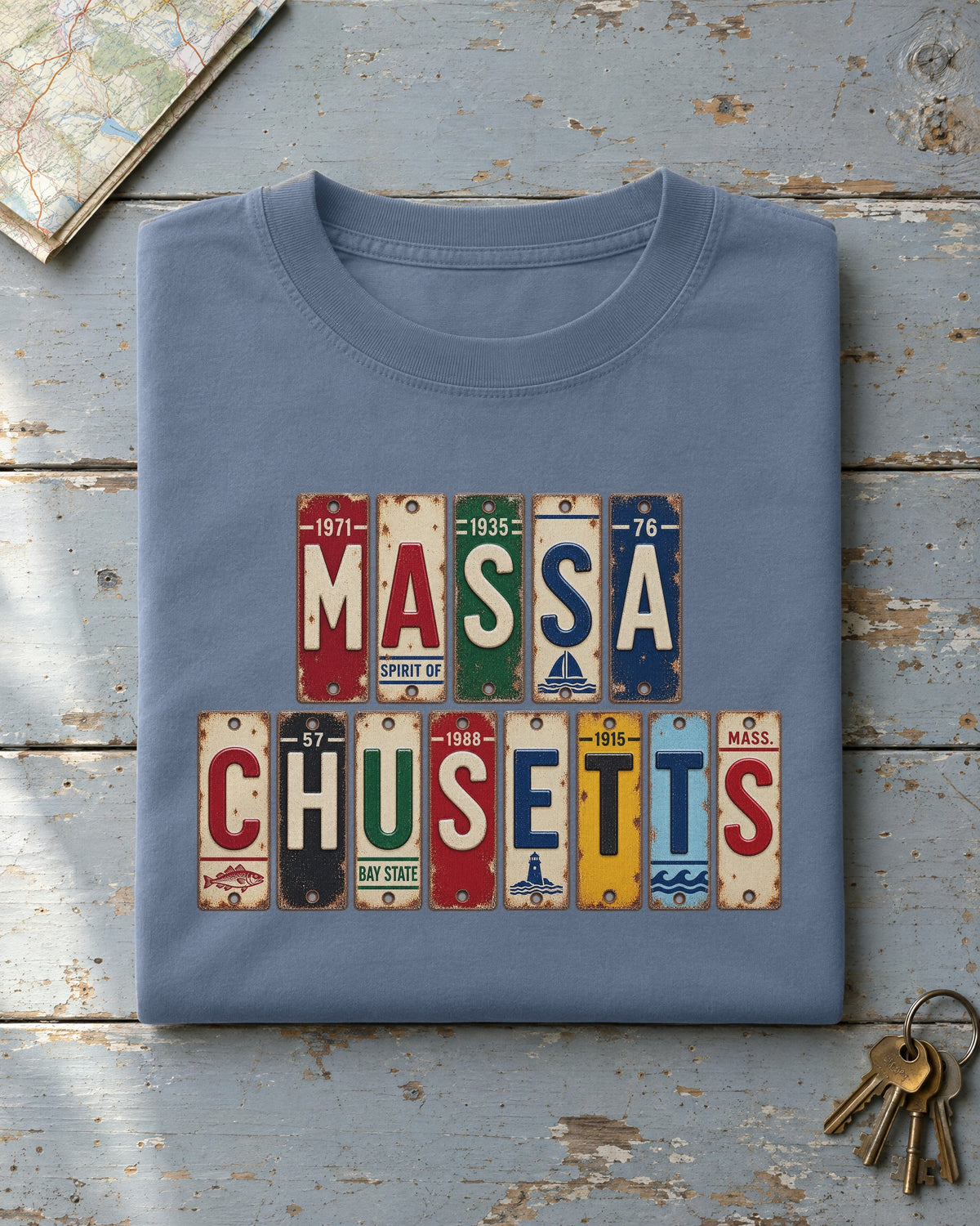 Massachusetts vintage license plate t-shirt in Blue Jean