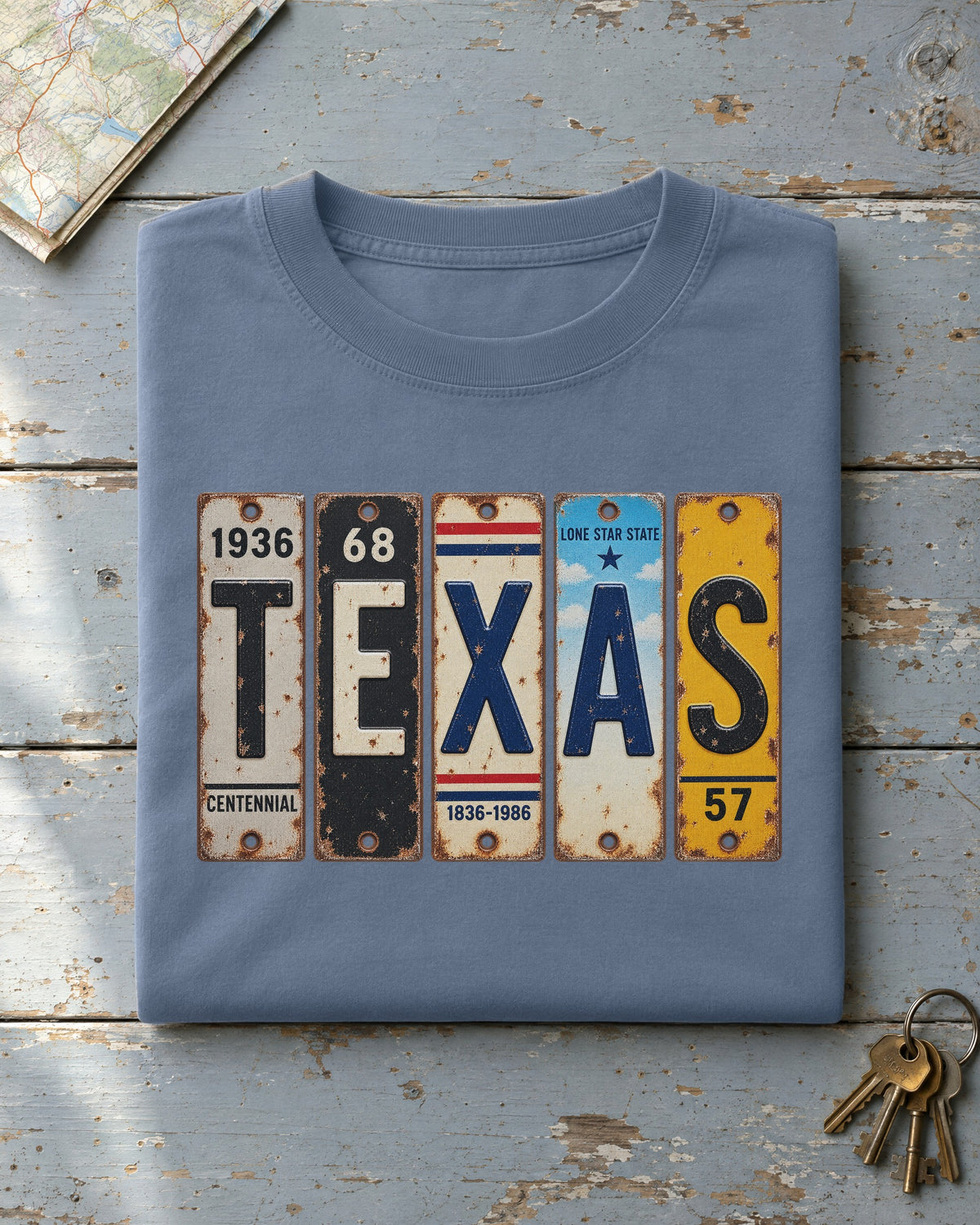 Texas vintage license plate t-shirt in Blue Jean