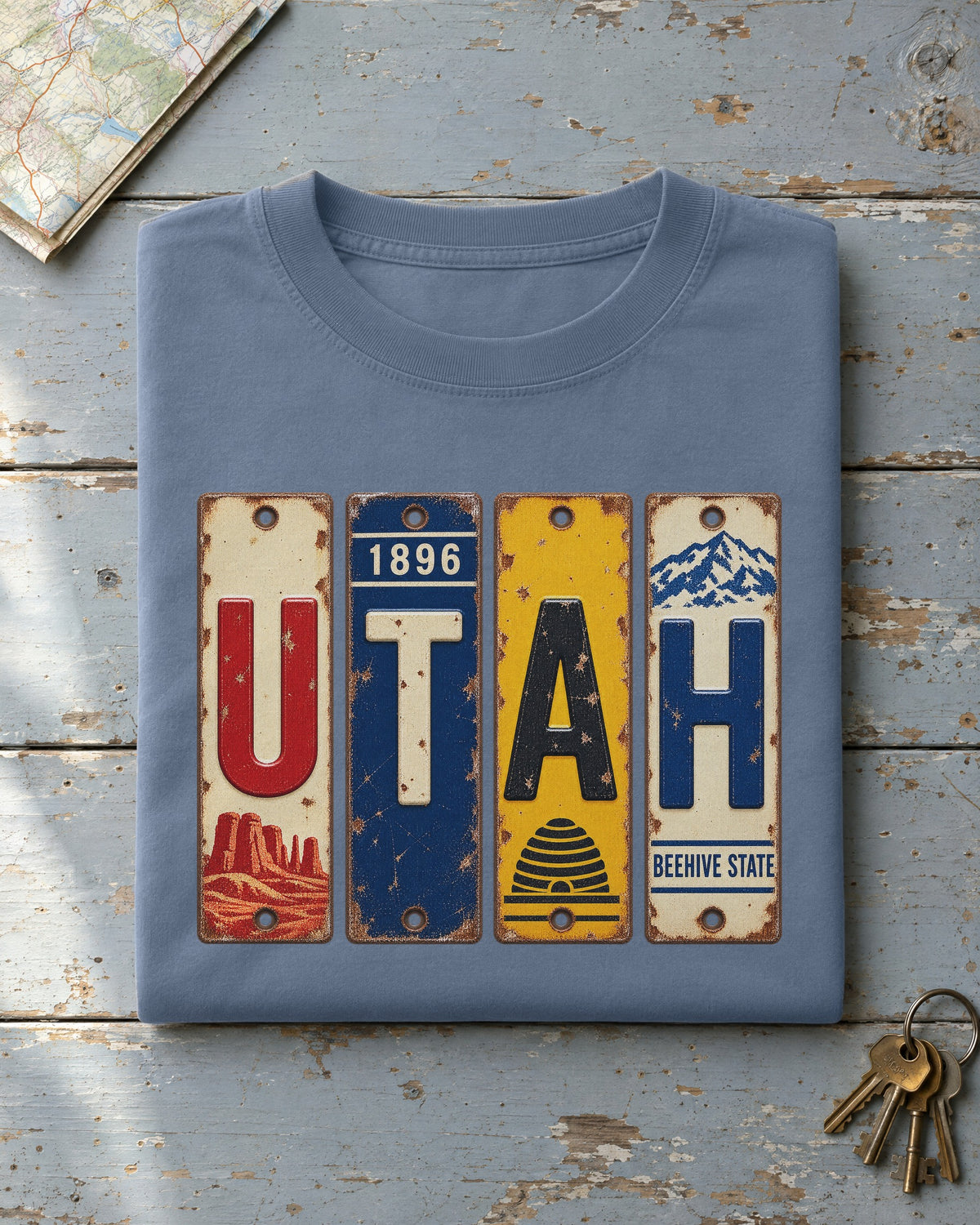 Utah vintage license plate t-shirt in Blue Jean