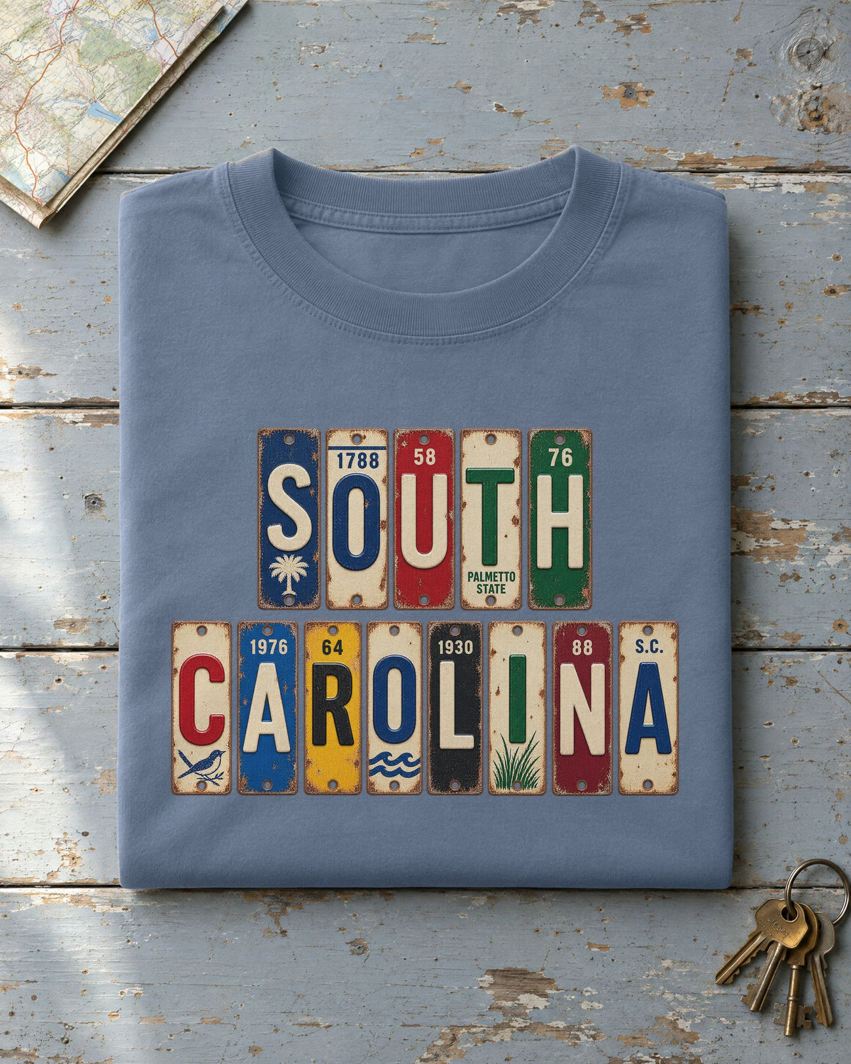 South Carolina vintage license plate t-shirt in Blue Jean