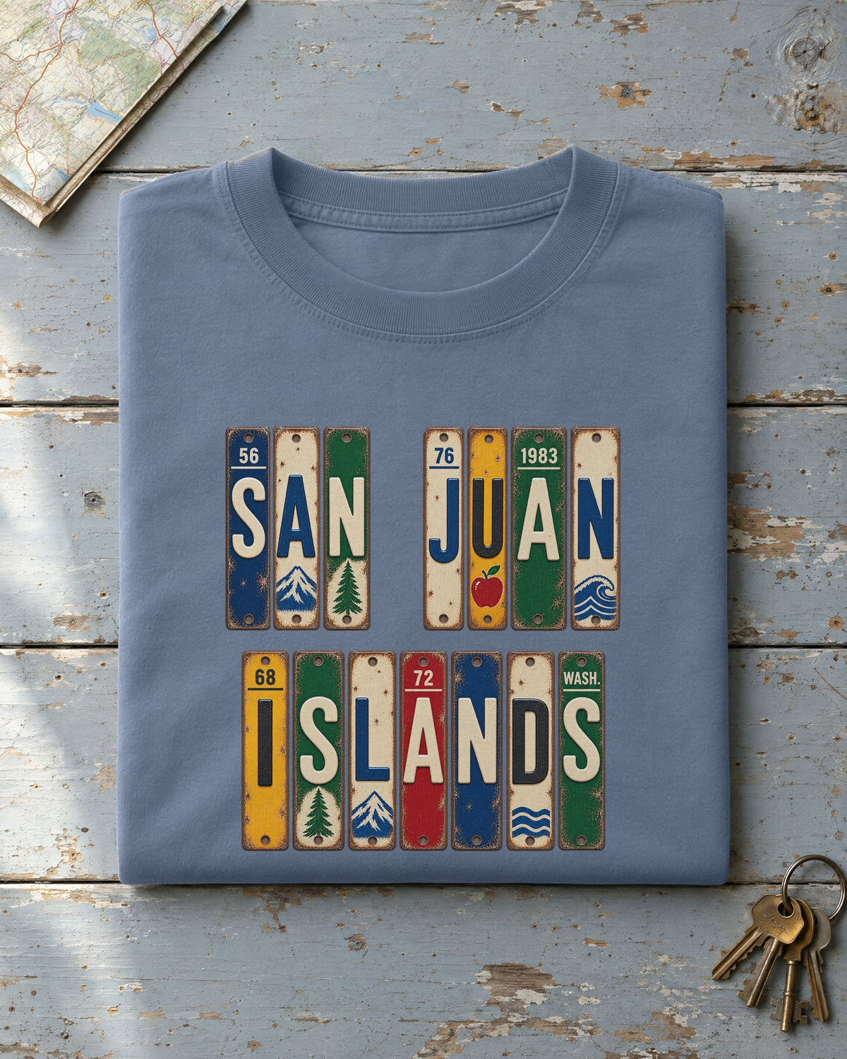 San Juan Islands, Washington vintage license plate t-shirt in Blue Jean