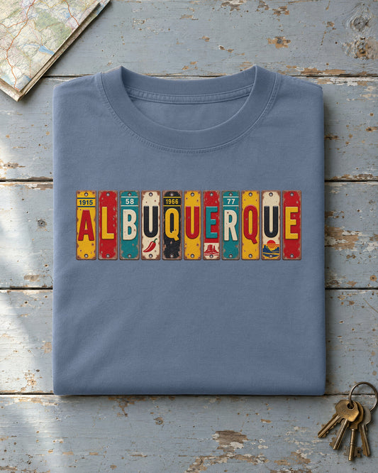 Albuquerque, New Mexico vintage license plate t-shirt in Blue Jean