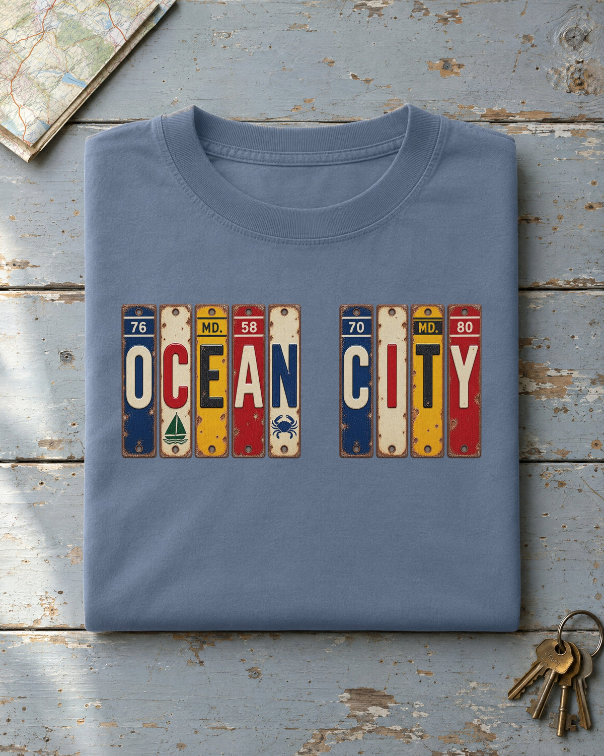 Ocean City, Maryland vintage license plate t-shirt in Blue Jean