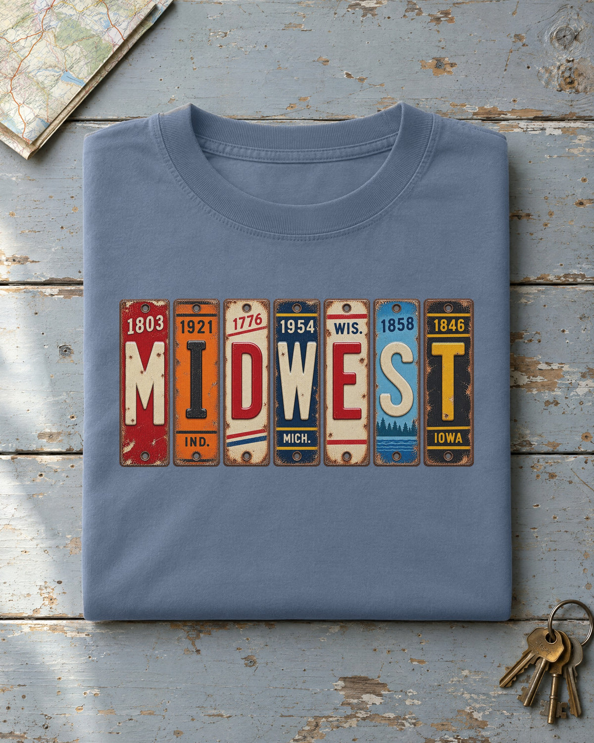 Midwest vintage license plate t-shirt in Blue Jean
