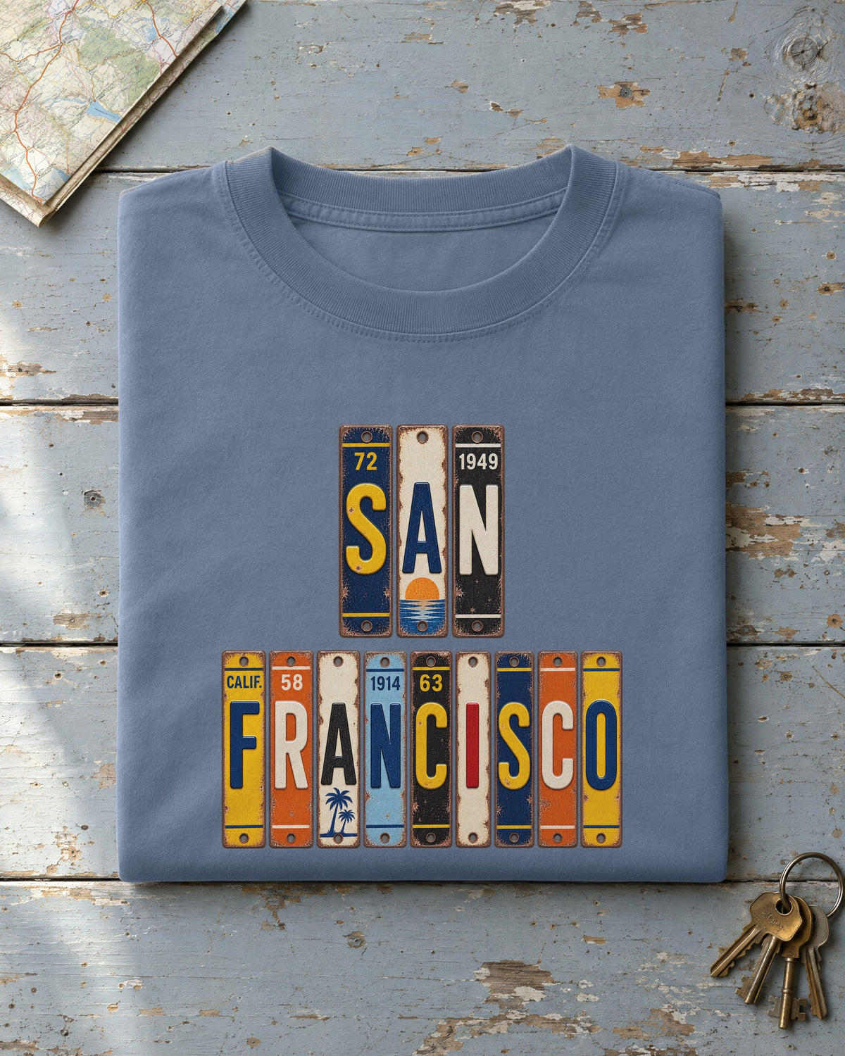 San Francisco, California vintage license plate t-shirt in Blue Jean
