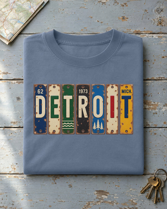 Detroit, Michigan vintage license plate t-shirt in Blue Jean