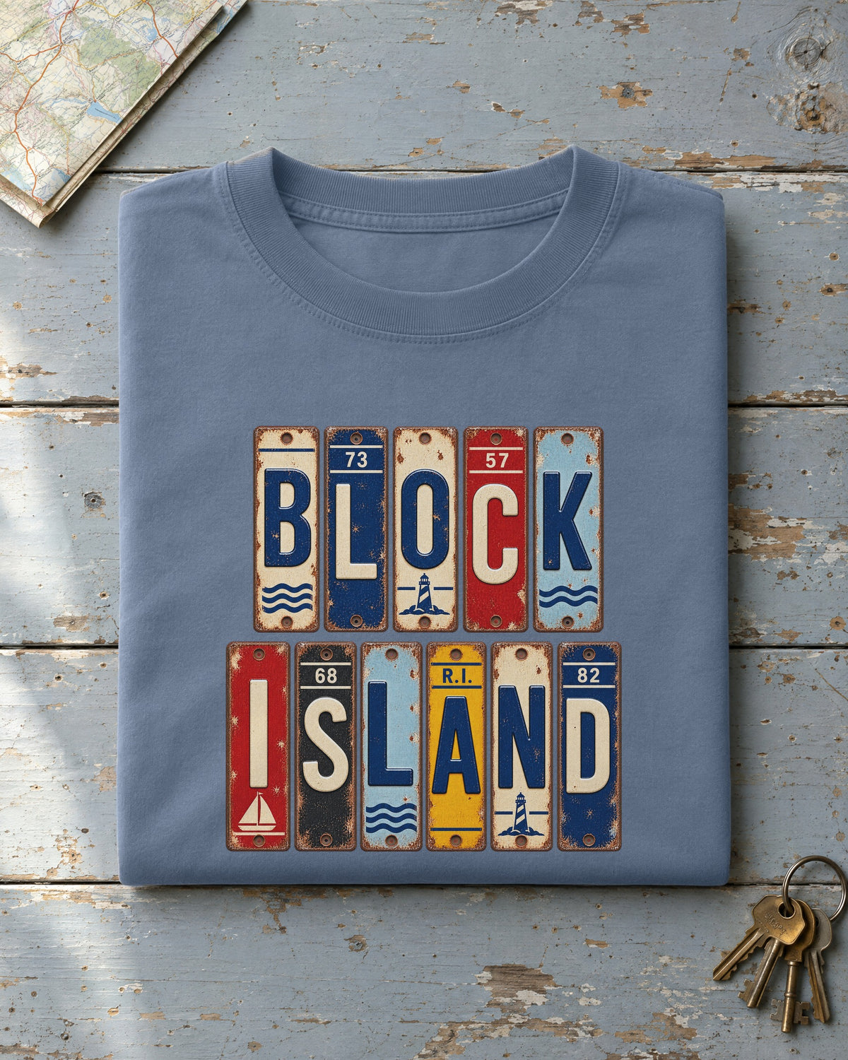 Block Island, Rhode Island vintage license plate t-shirt in Blue Jean