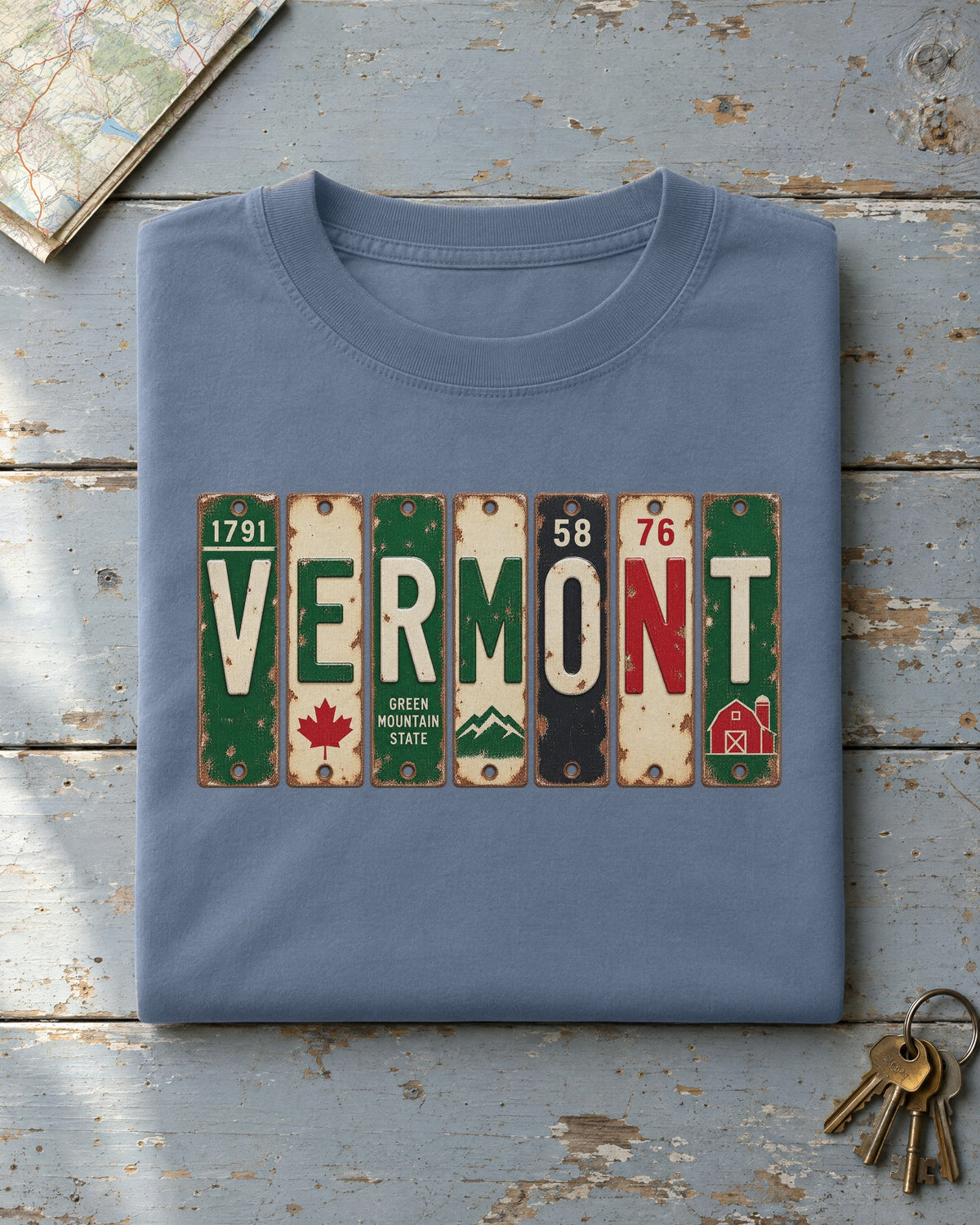 Vermont vintage license plate t-shirt in Blue Jean