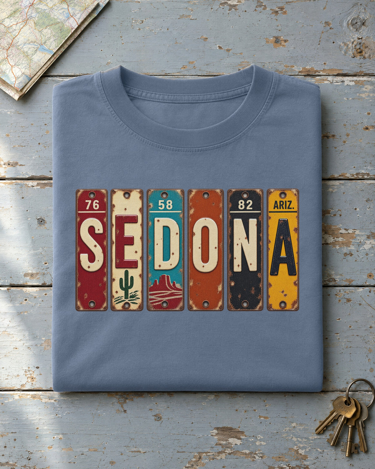 Sedona, Arizona vintage license plate t-shirt in Blue Jean