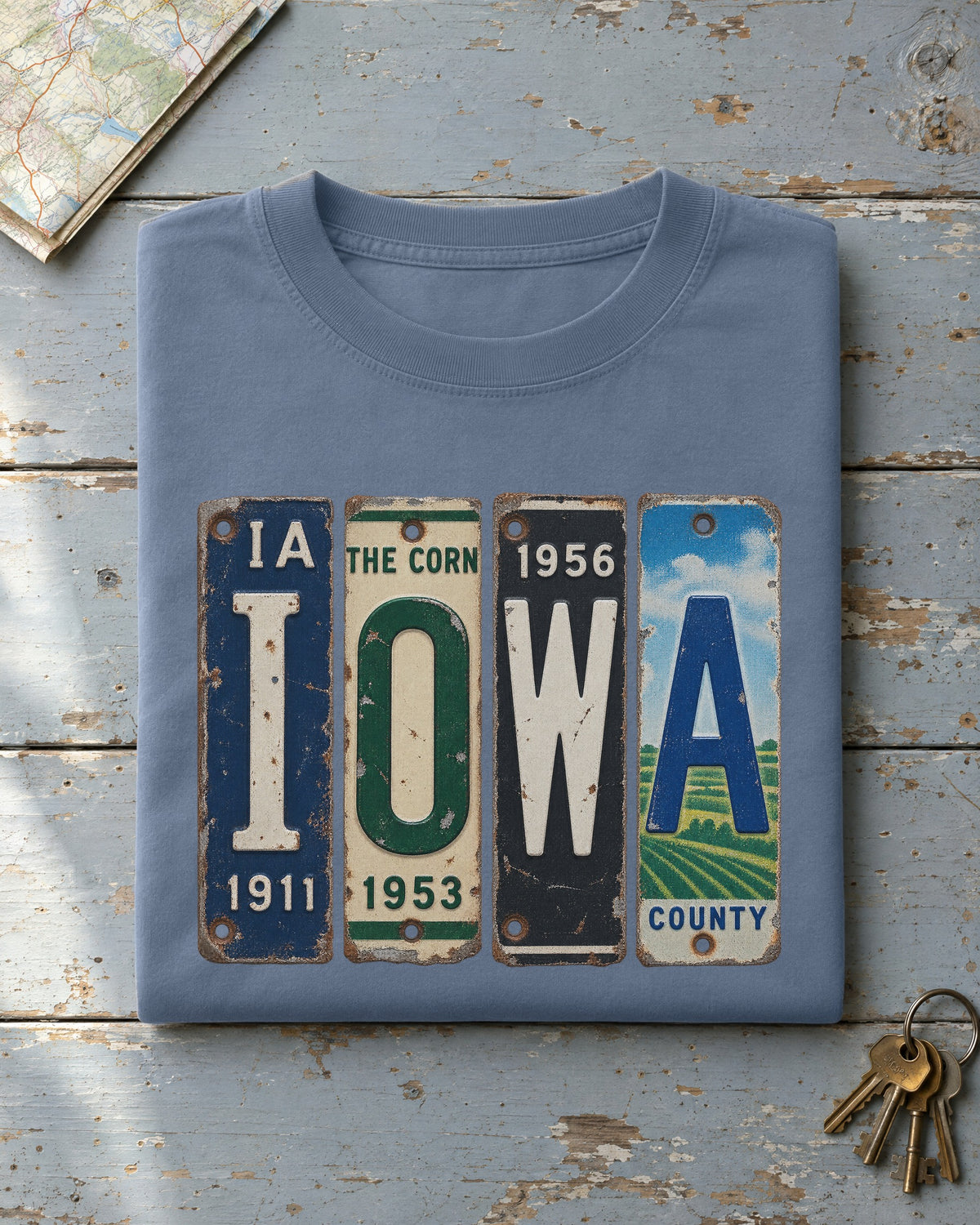Iowa vintage license plate t-shirt in Blue Jean