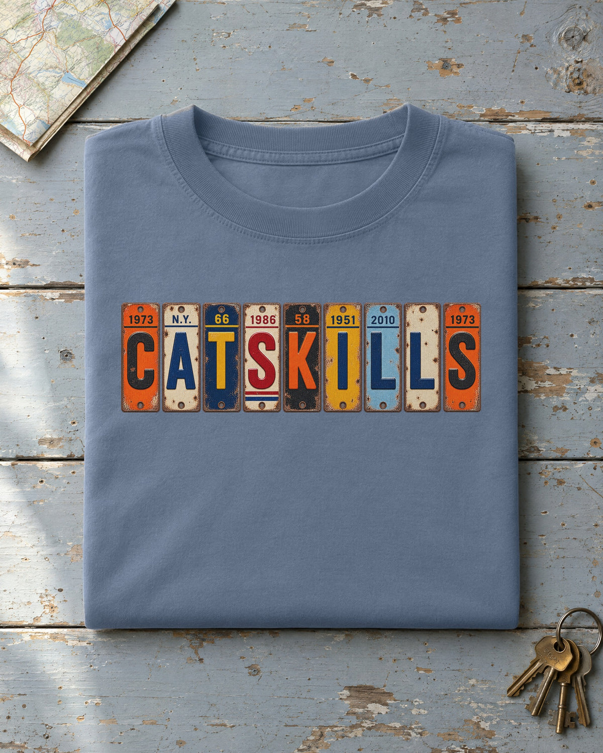 Catskills, New York vintage license plate t-shirt in Blue Jean