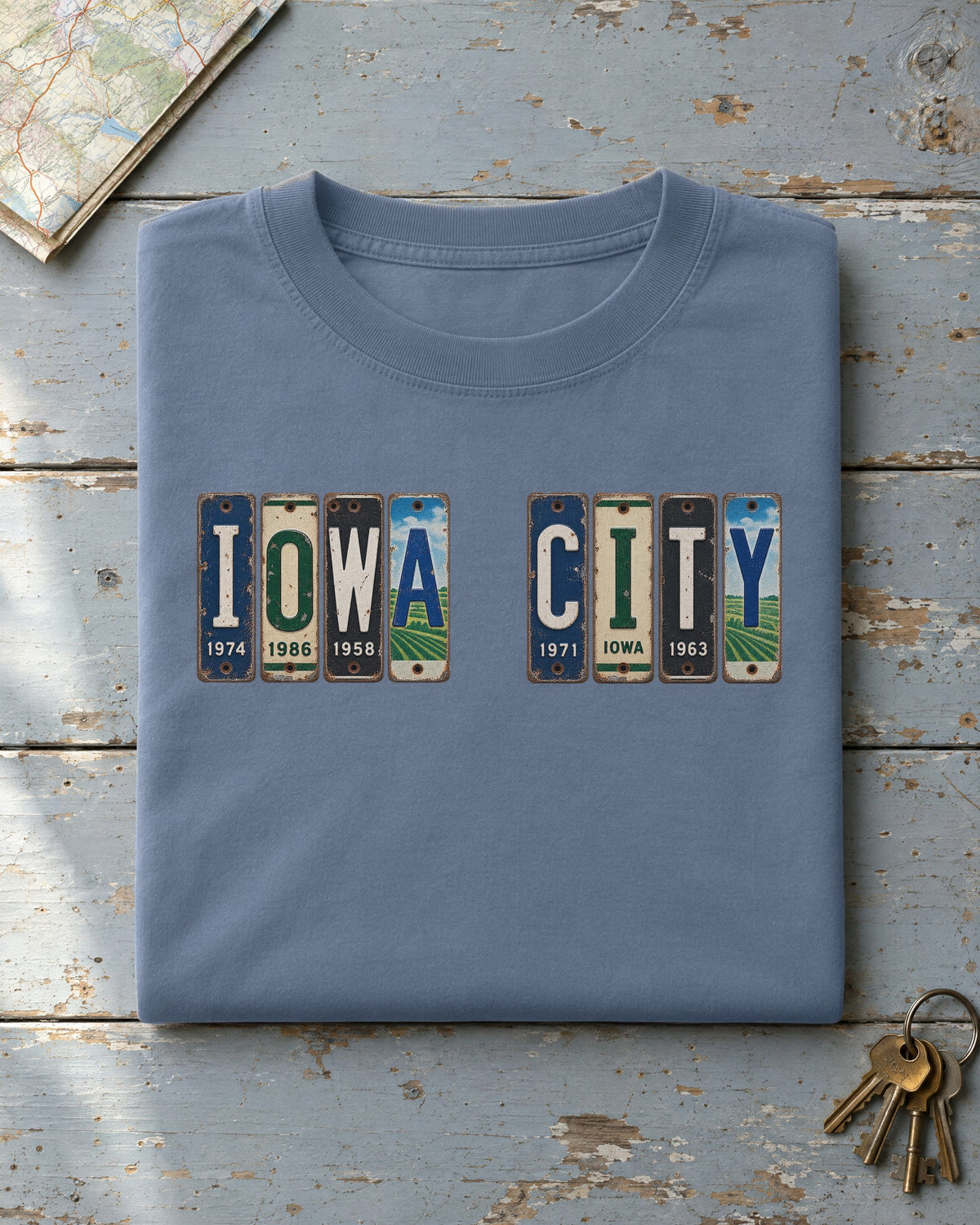 Iowa City, Iowa vintage license plate t-shirt in Blue Jean