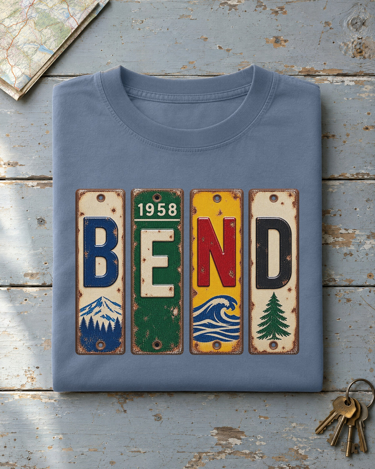 Bend, Oregon vintage license plate t-shirt in Blue Jean