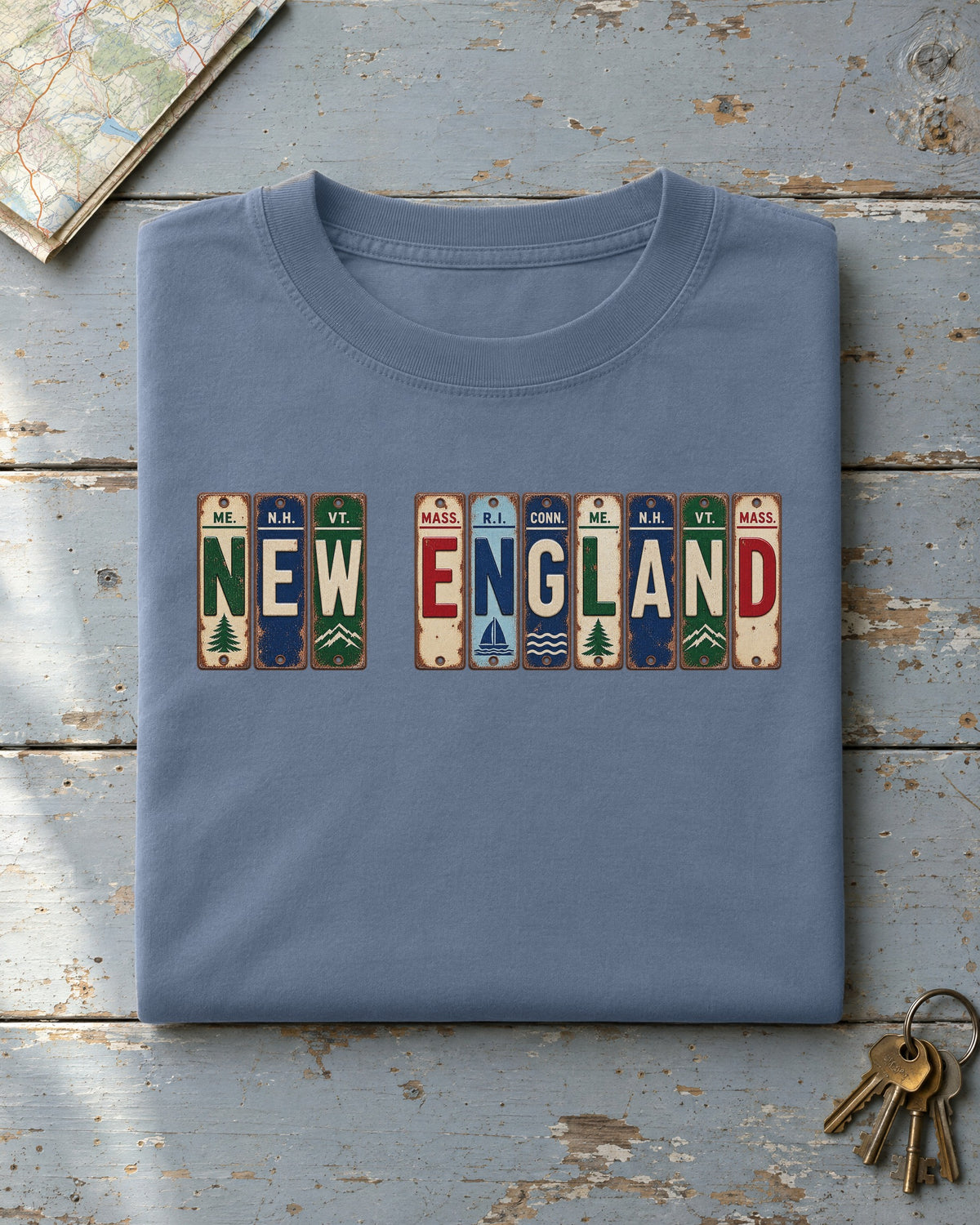 New England vintage license plate t-shirt in Blue Jean