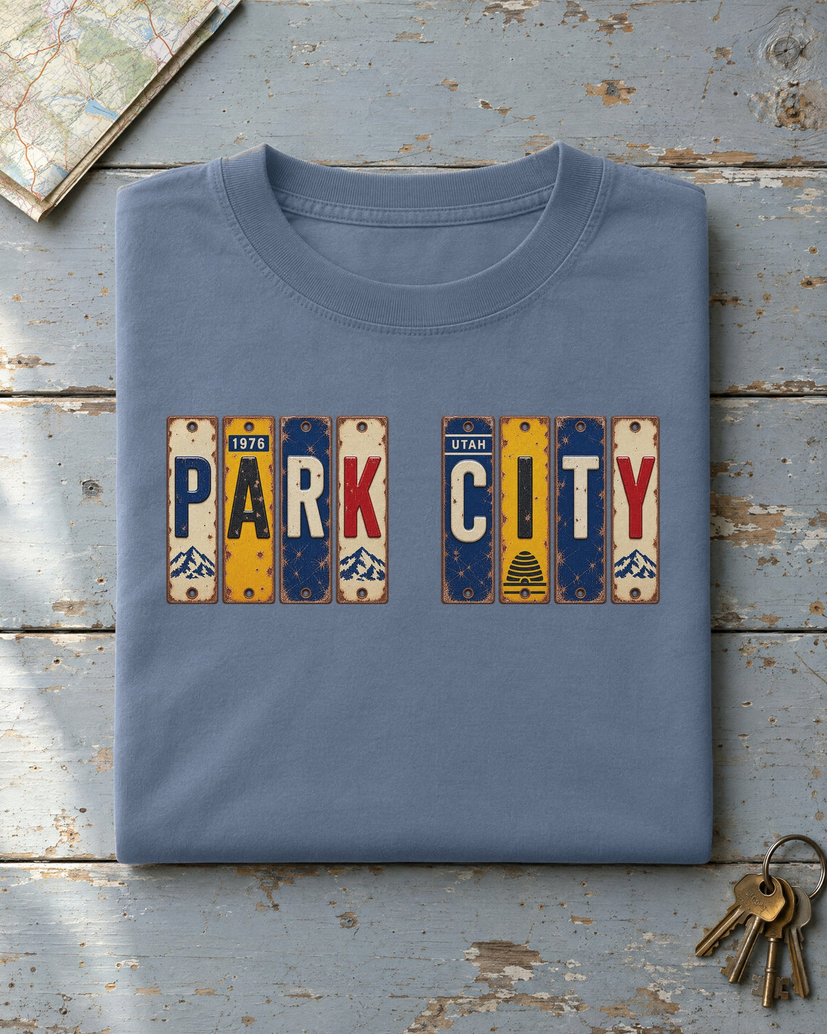 Park City, Utah vintage license plate t-shirt in Blue Jean