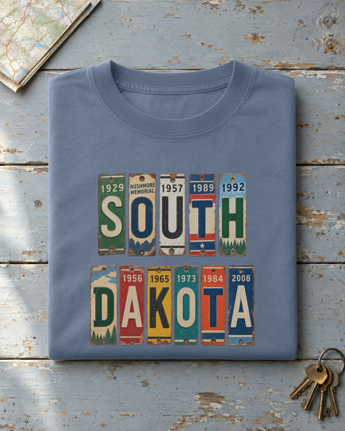 South Dakota vintage license plate t-shirt in Blue Jean