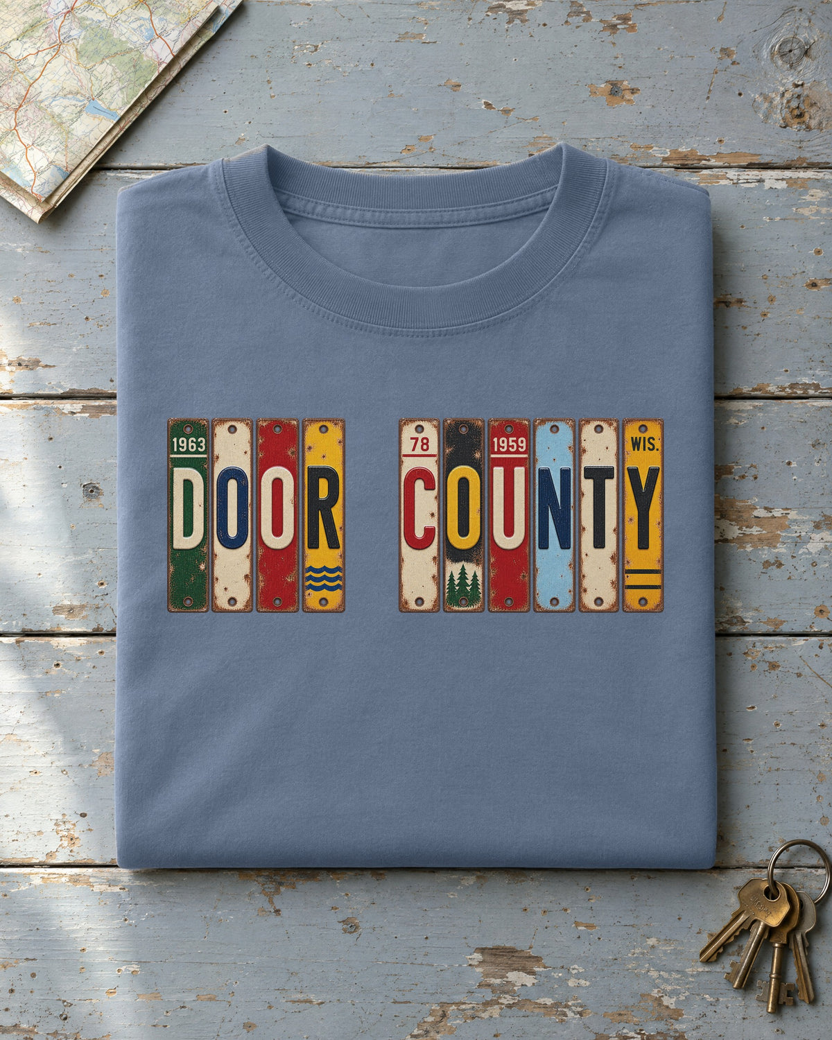 Door County, Wisconsin vintage license plate t-shirt in Blue Jean