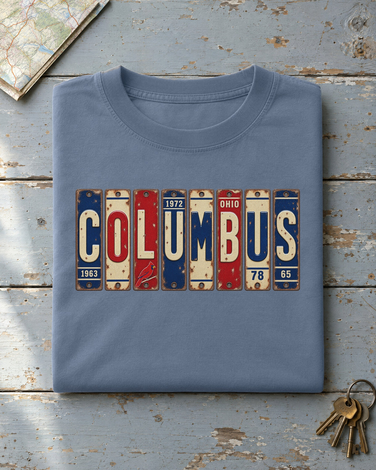 Columbus, Ohio vintage license plate t-shirt in Blue Jean
