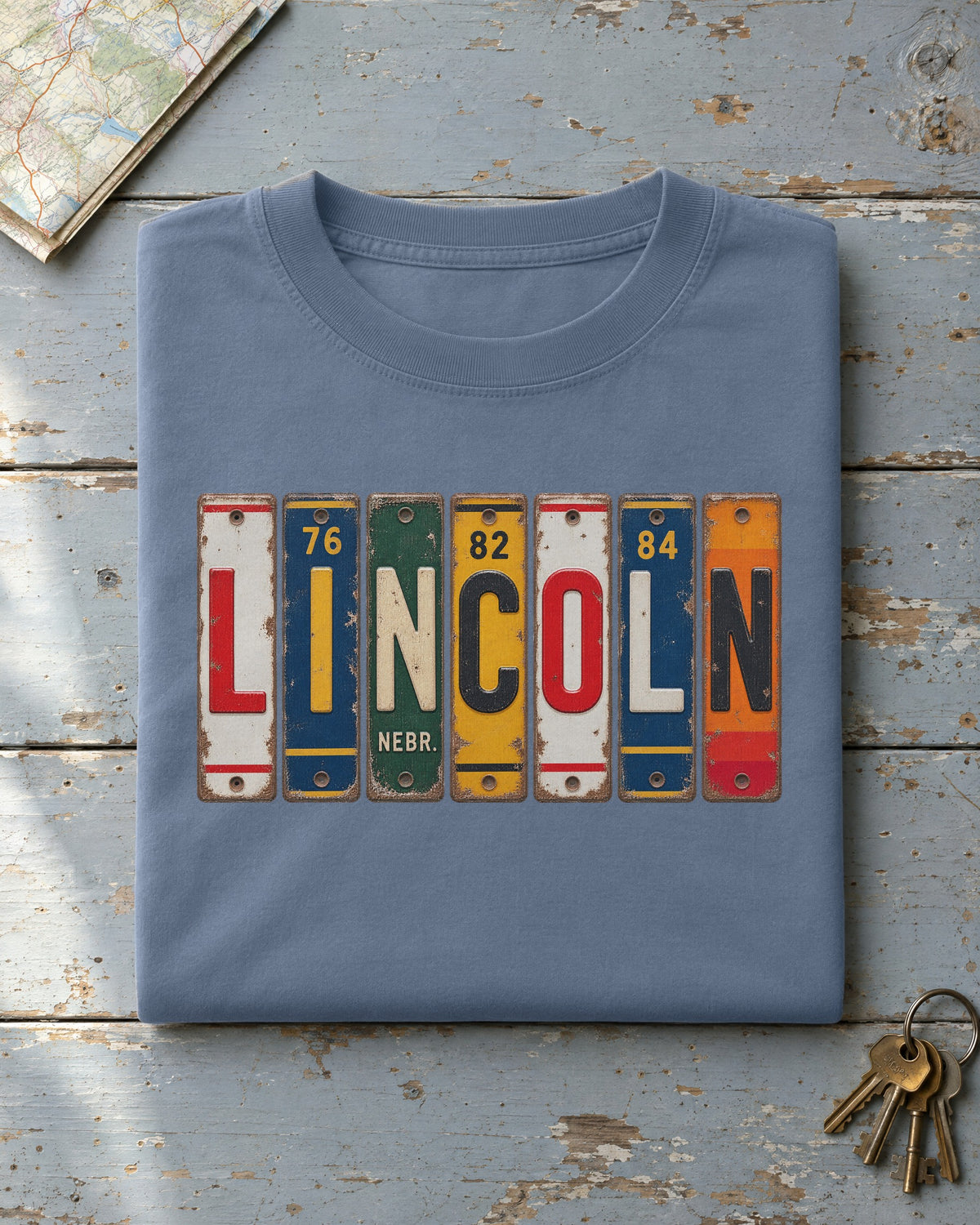 Lincoln, Nebraska vintage license plate t-shirt in Blue Jean