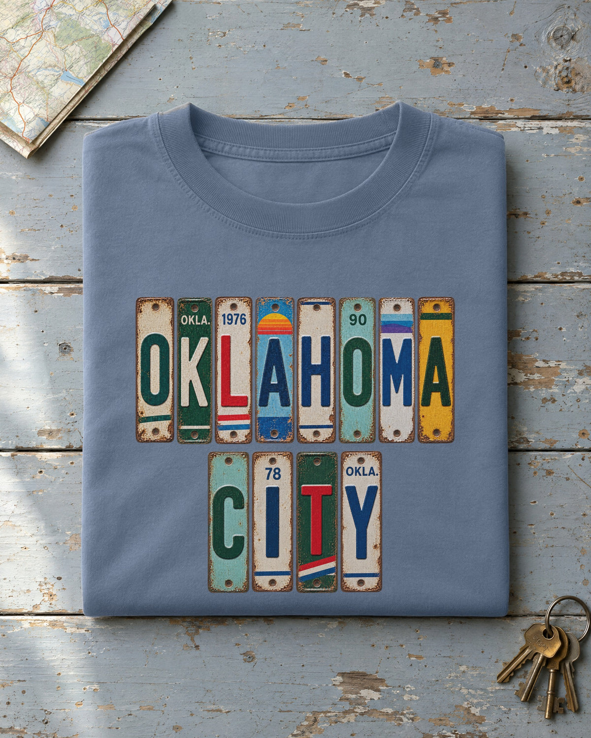Oklahoma City, Oklahoma vintage license plate t-shirt in Blue Jean