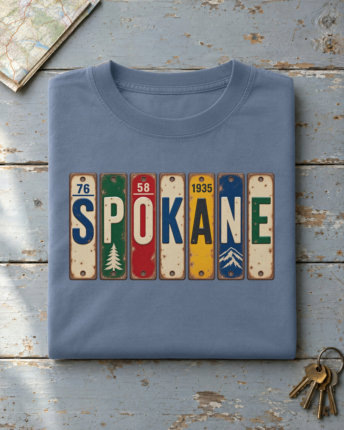 Spokane, Washington vintage license plate t-shirt in Blue Jean