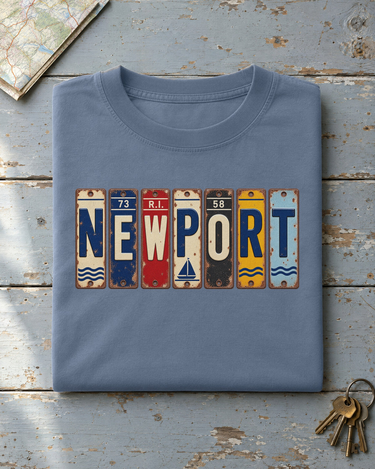 Newport, Rhode Island vintage license plate t-shirt in Blue Jean