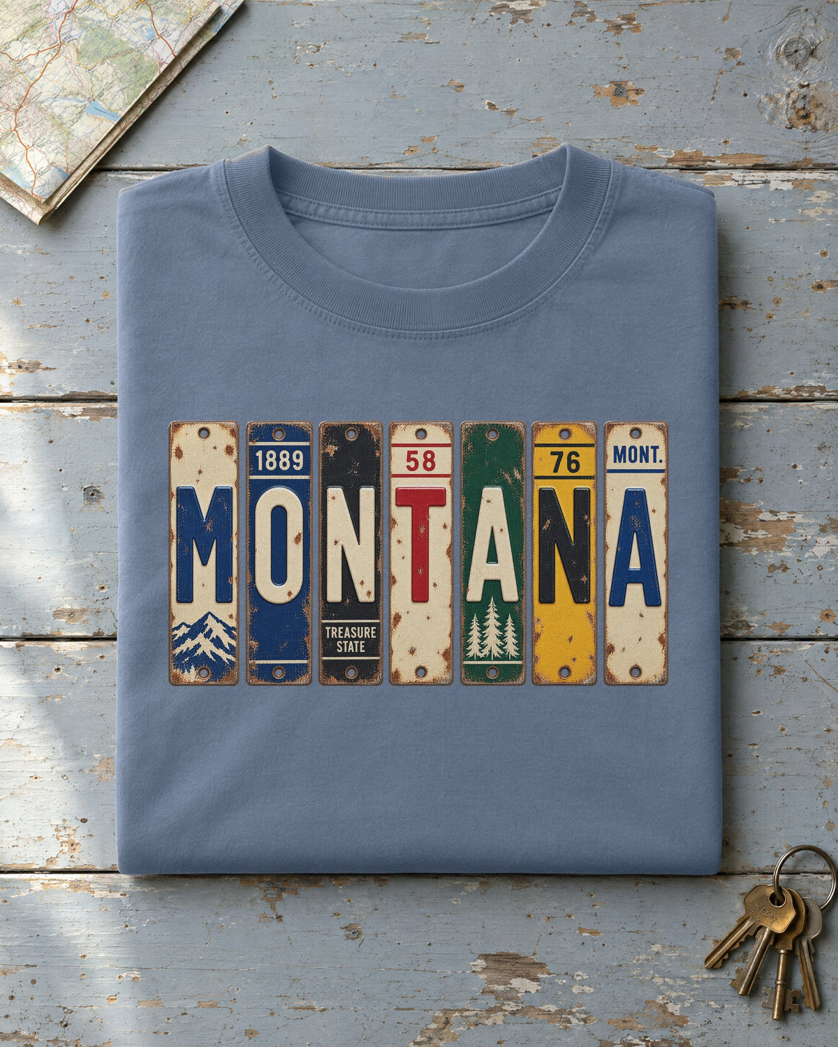 Montana vintage license plate t-shirt in Blue Jean