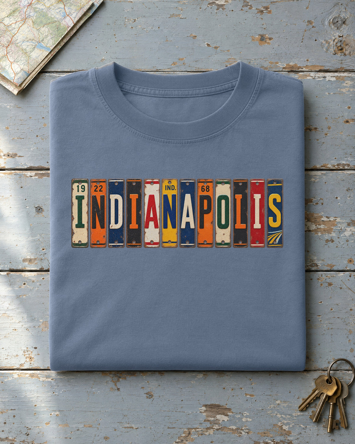 Indianapolis, Indiana vintage license plate t-shirt in Blue Jean