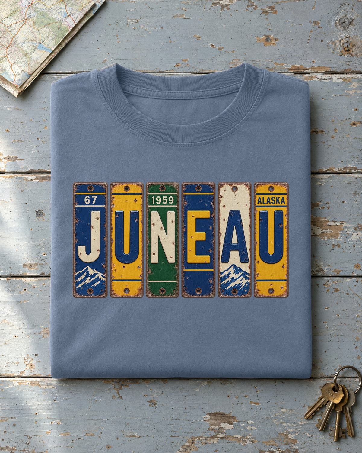 Juneau, Alaska vintage license plate t-shirt in Blue Jean