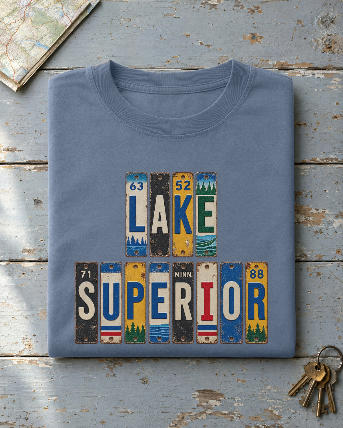 Lake Superior, Minnesota vintage license plate t-shirt in Blue Jean