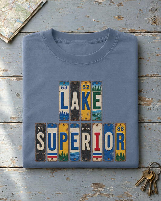 Lake Superior, Minnesota vintage license plate t-shirt in Blue Jean