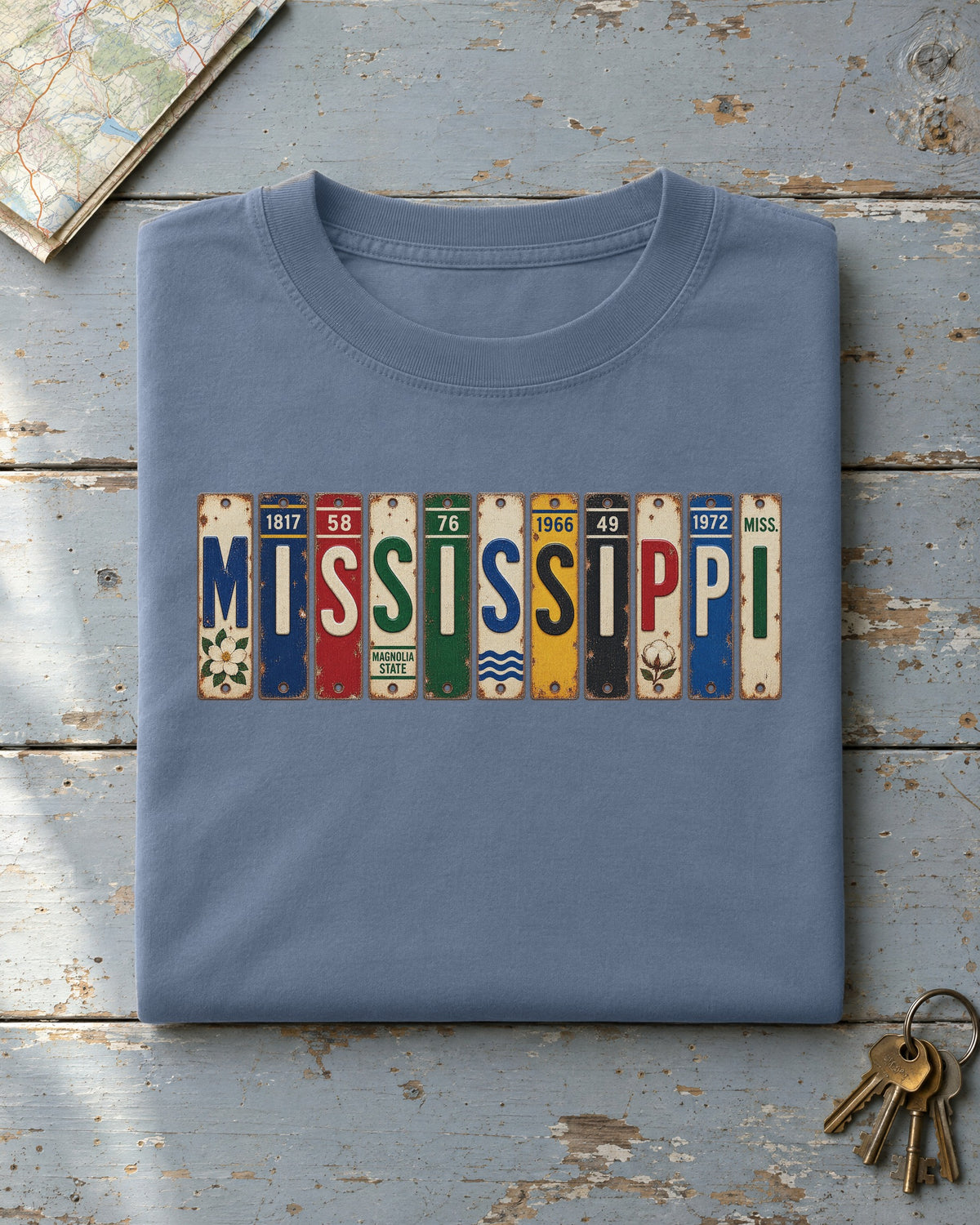 Mississippi vintage license plate t-shirt in Blue Jean