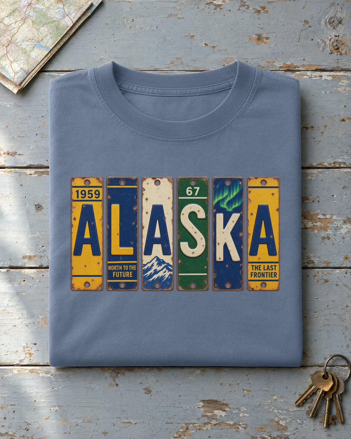 Alaska vintage license plate t-shirt in Blue Jean