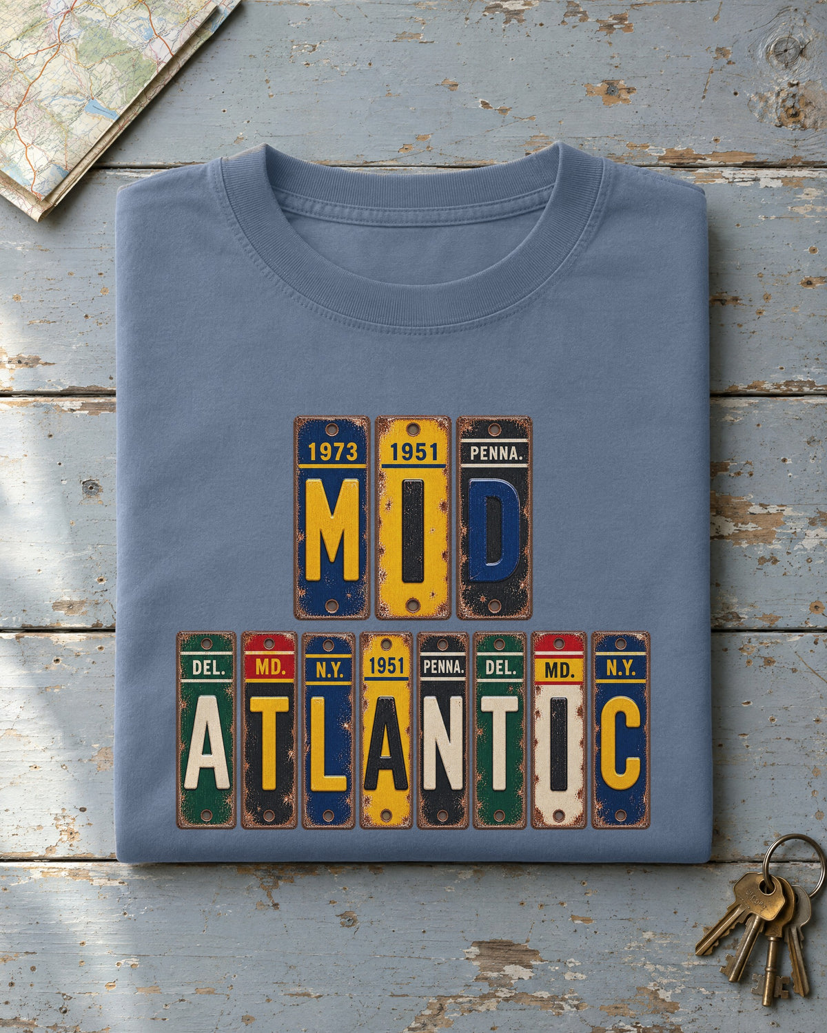 Mid-Atlantic vintage license plate t-shirt in Blue Jean