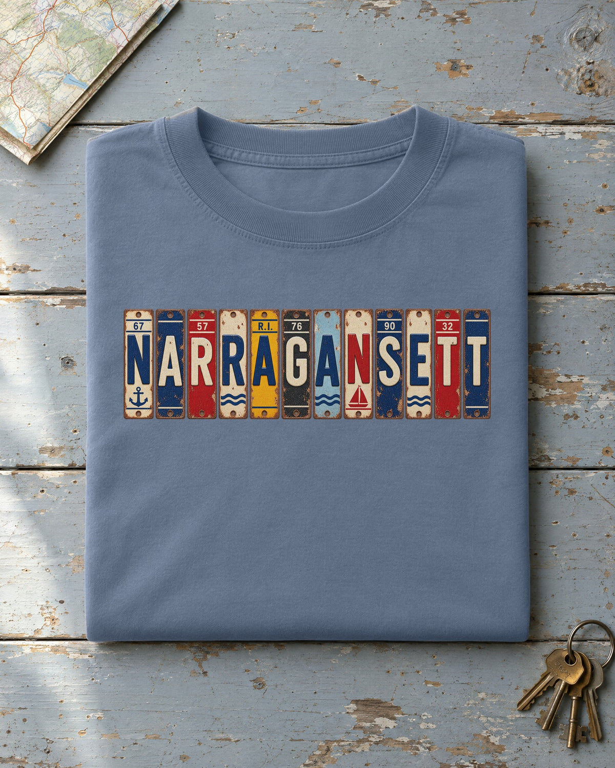 Narragansett, Rhode Island vintage license plate t-shirt in Blue Jean
