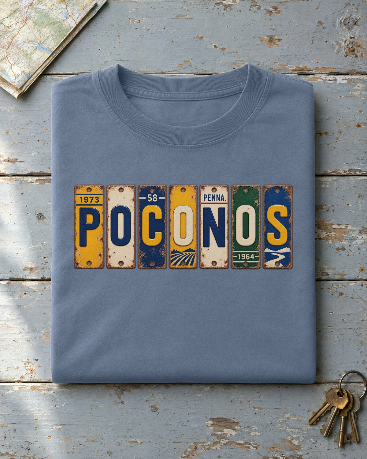 Poconos, Pennsylvania vintage license plate t-shirt in Blue Jean