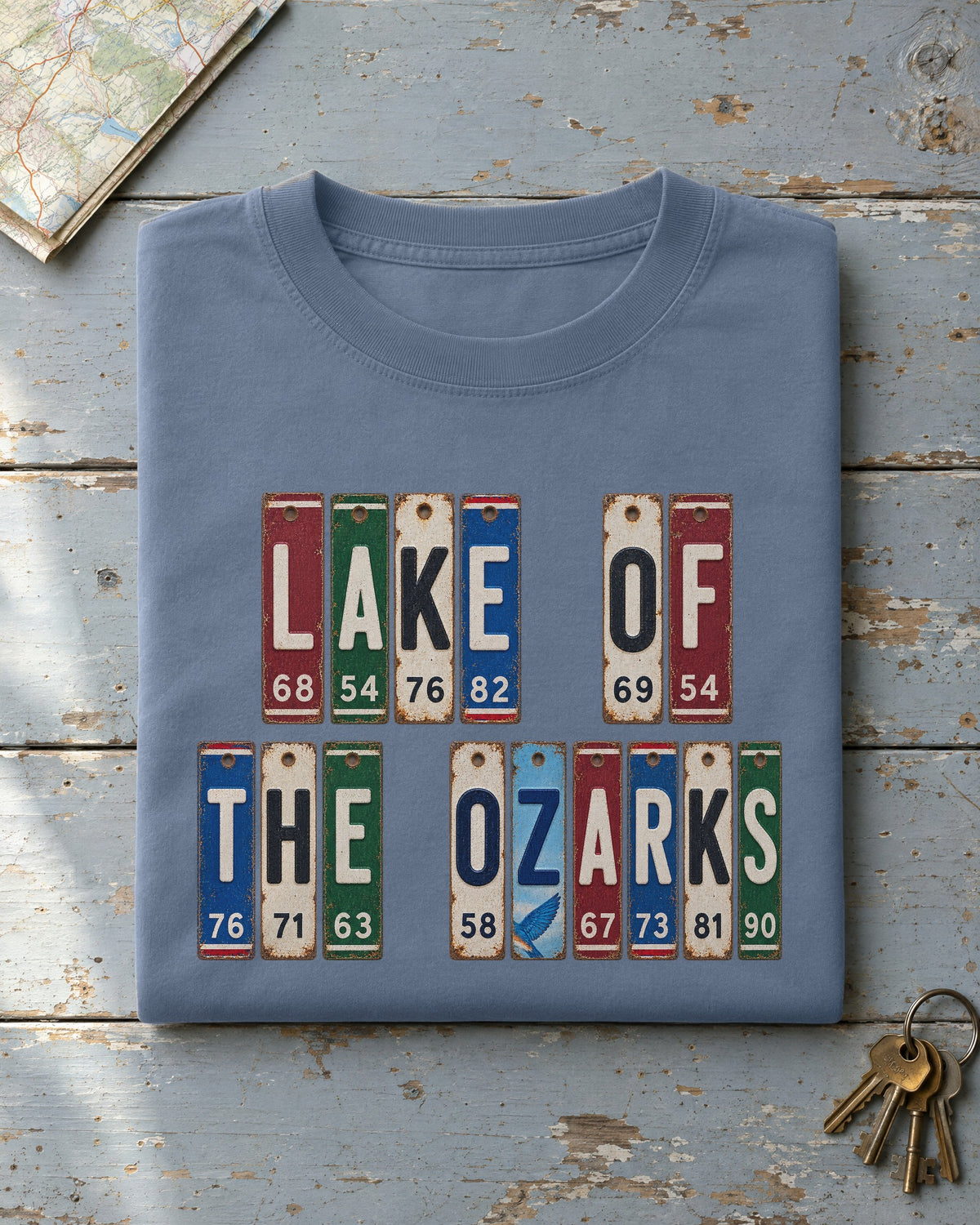 Lake of the Ozarks, Missouri vintage license plate t-shirt in Blue Jean