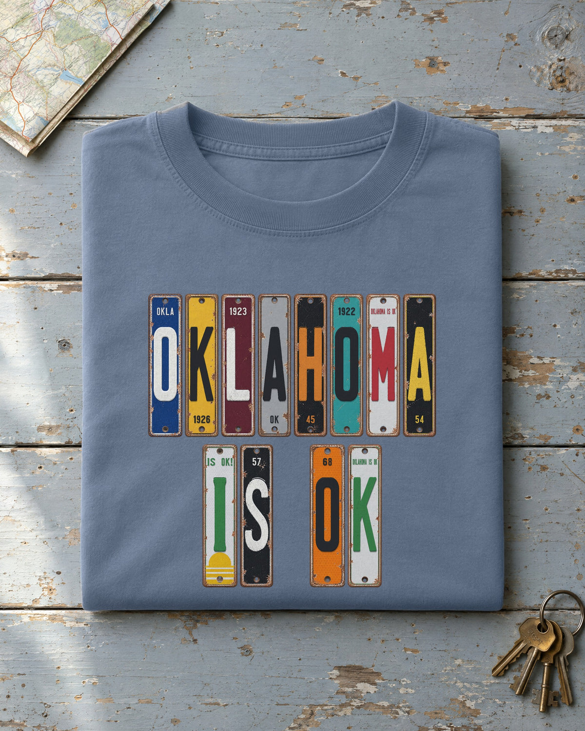 Oklahoma Is OK vintage license plate t-shirt in Blue Jean