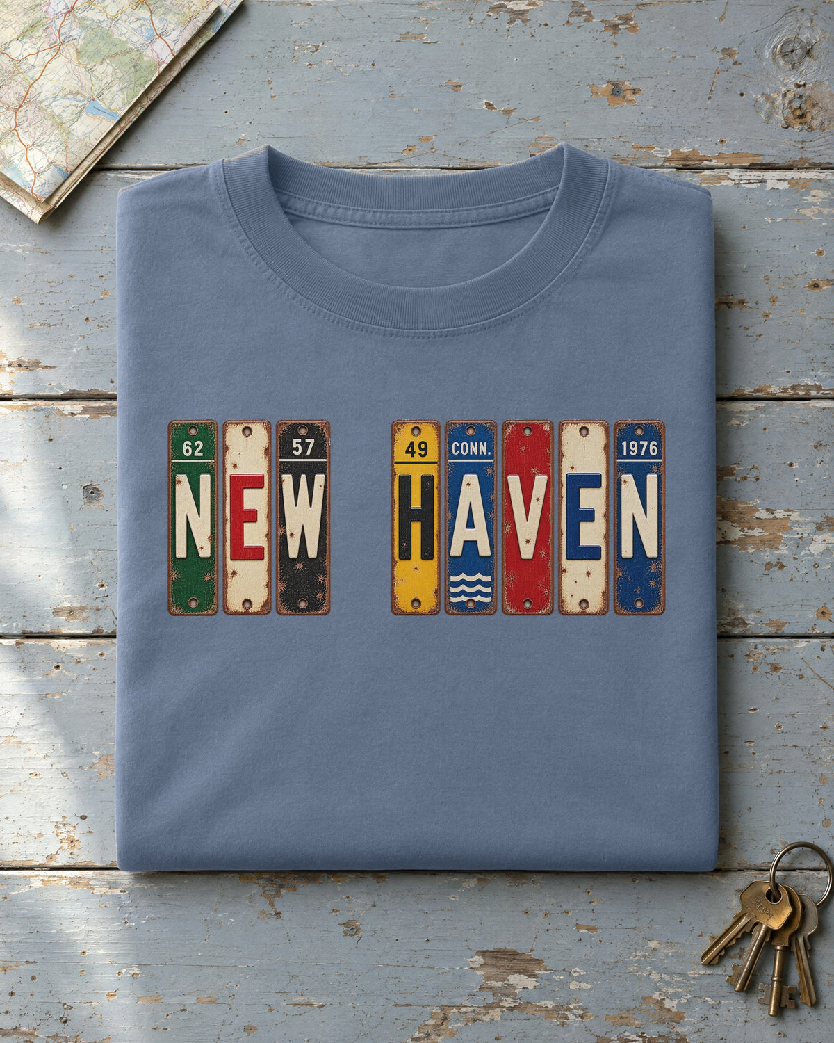 New Haven, Connecticut vintage license plate t-shirt in Blue Jean