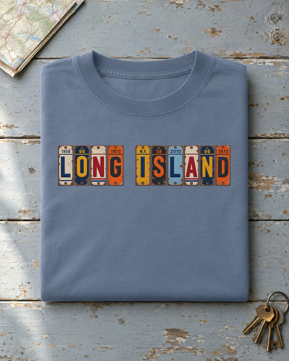 Long Island, New York vintage license plate t-shirt in Blue Jean
