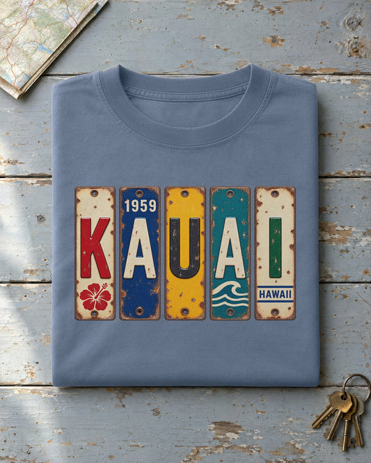 Kauai, Hawaii vintage license plate t-shirt in Blue Jean