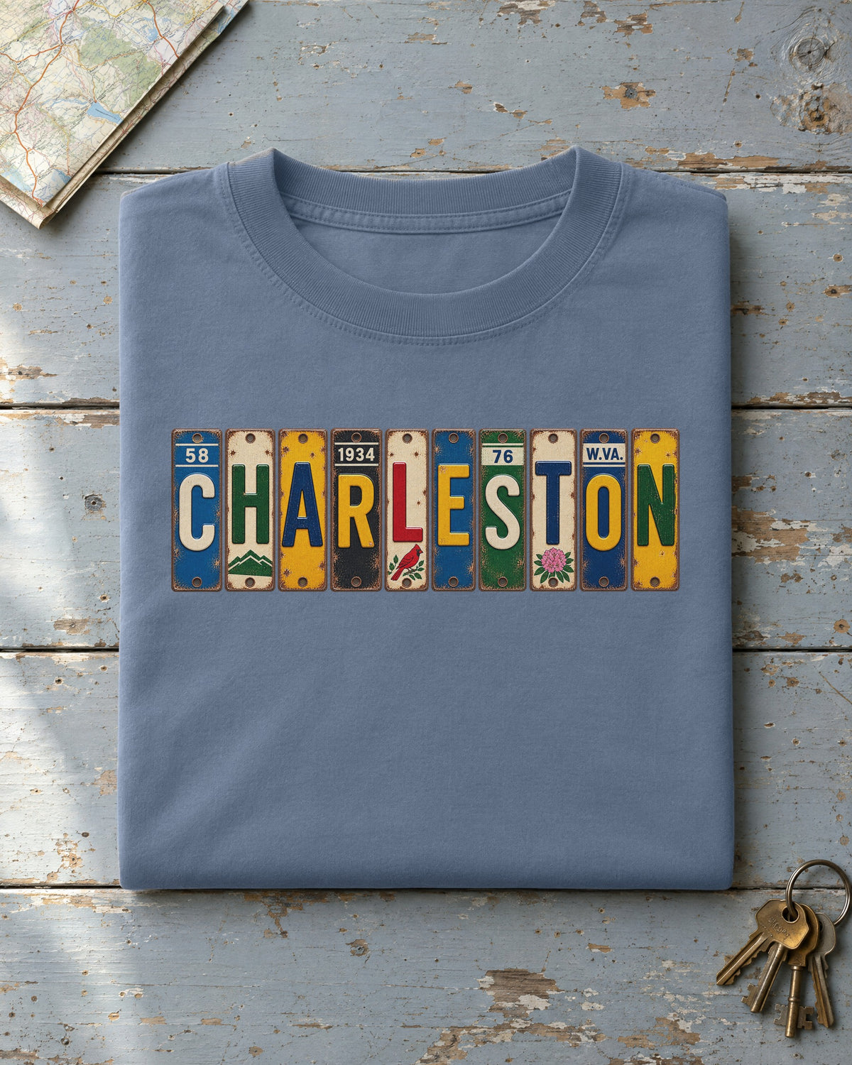 Charleston, West Virginia vintage license plate t-shirt in Blue Jean