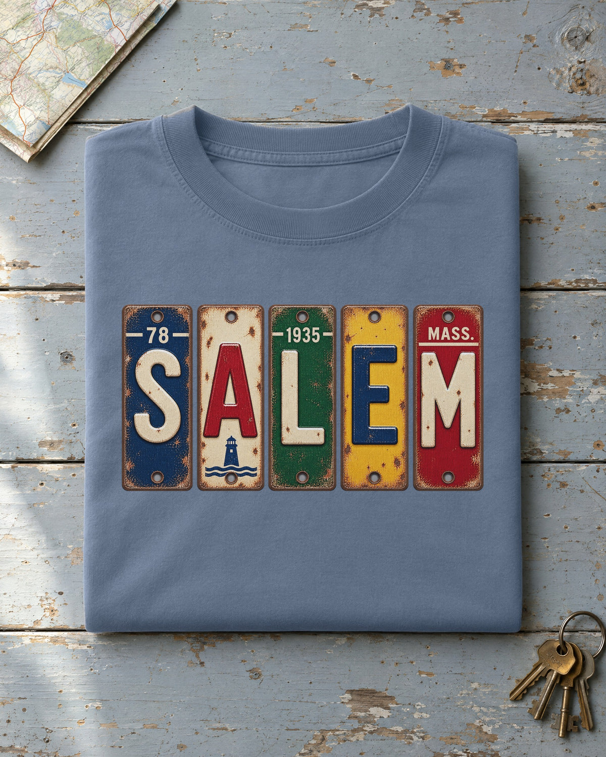 Salem, Massachusetts vintage license plate t-shirt in Blue Jean
