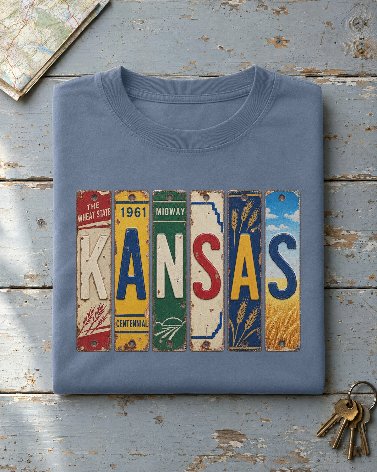 Kansas vintage license plate t-shirt in Blue Jean