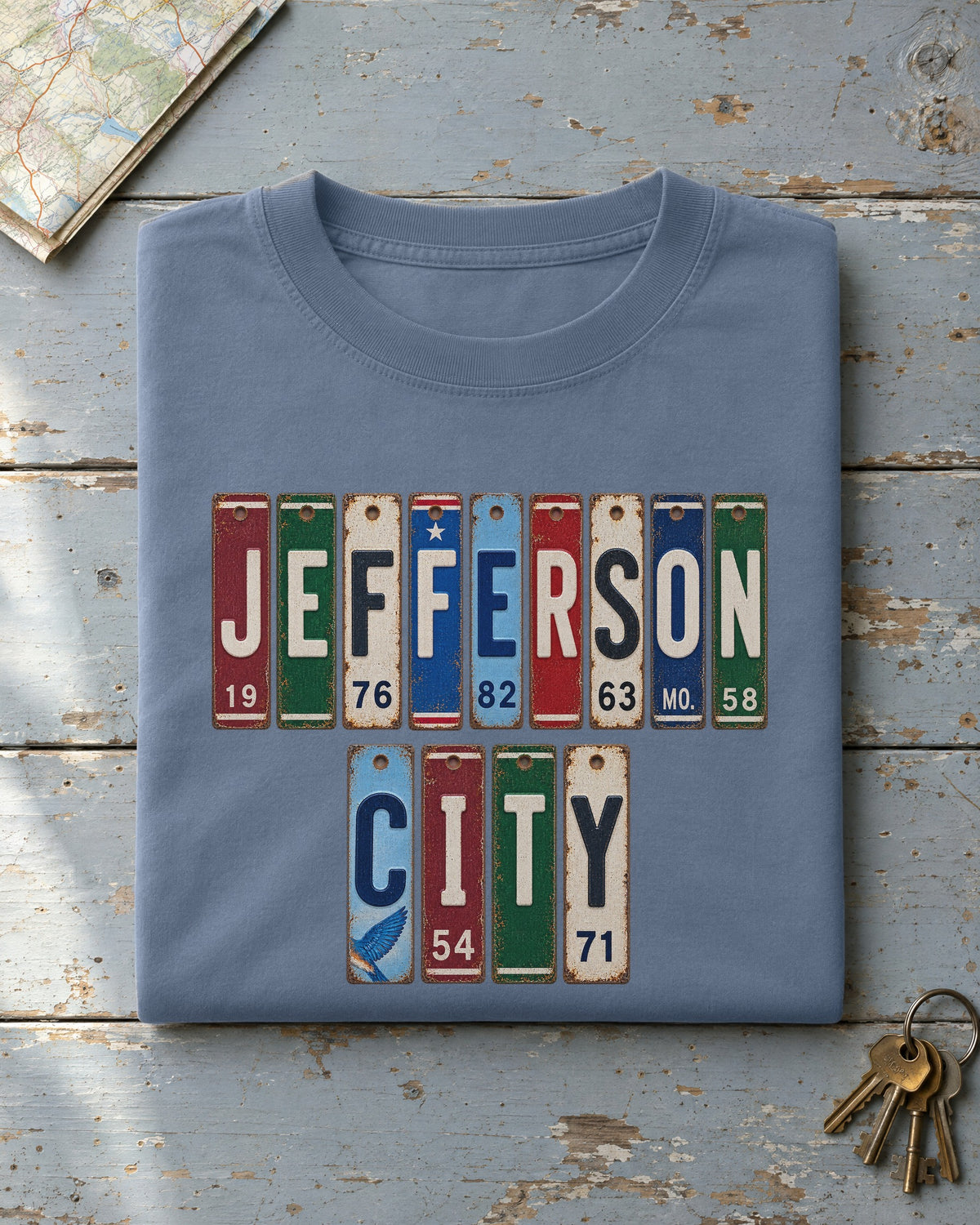 Jefferson City, Missouri vintage license plate t-shirt in Blue Jean