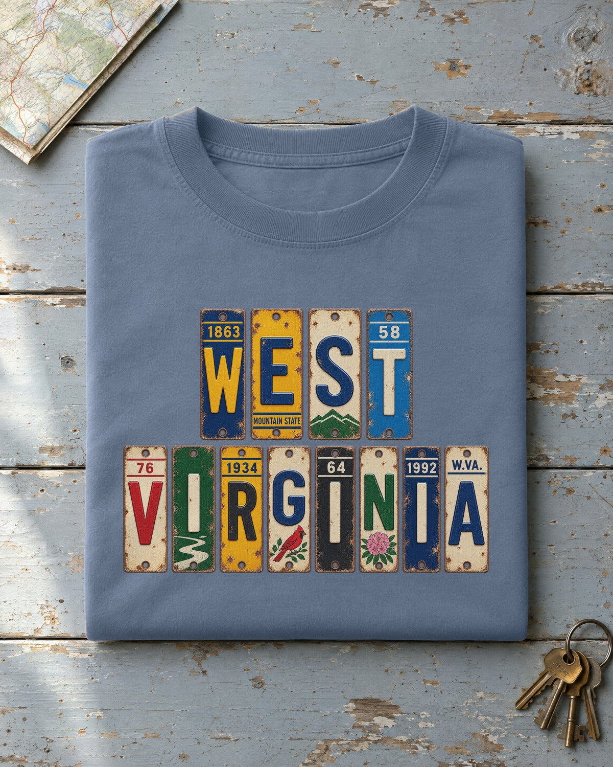 West Virginia vintage license plate t-shirt in Blue Jean