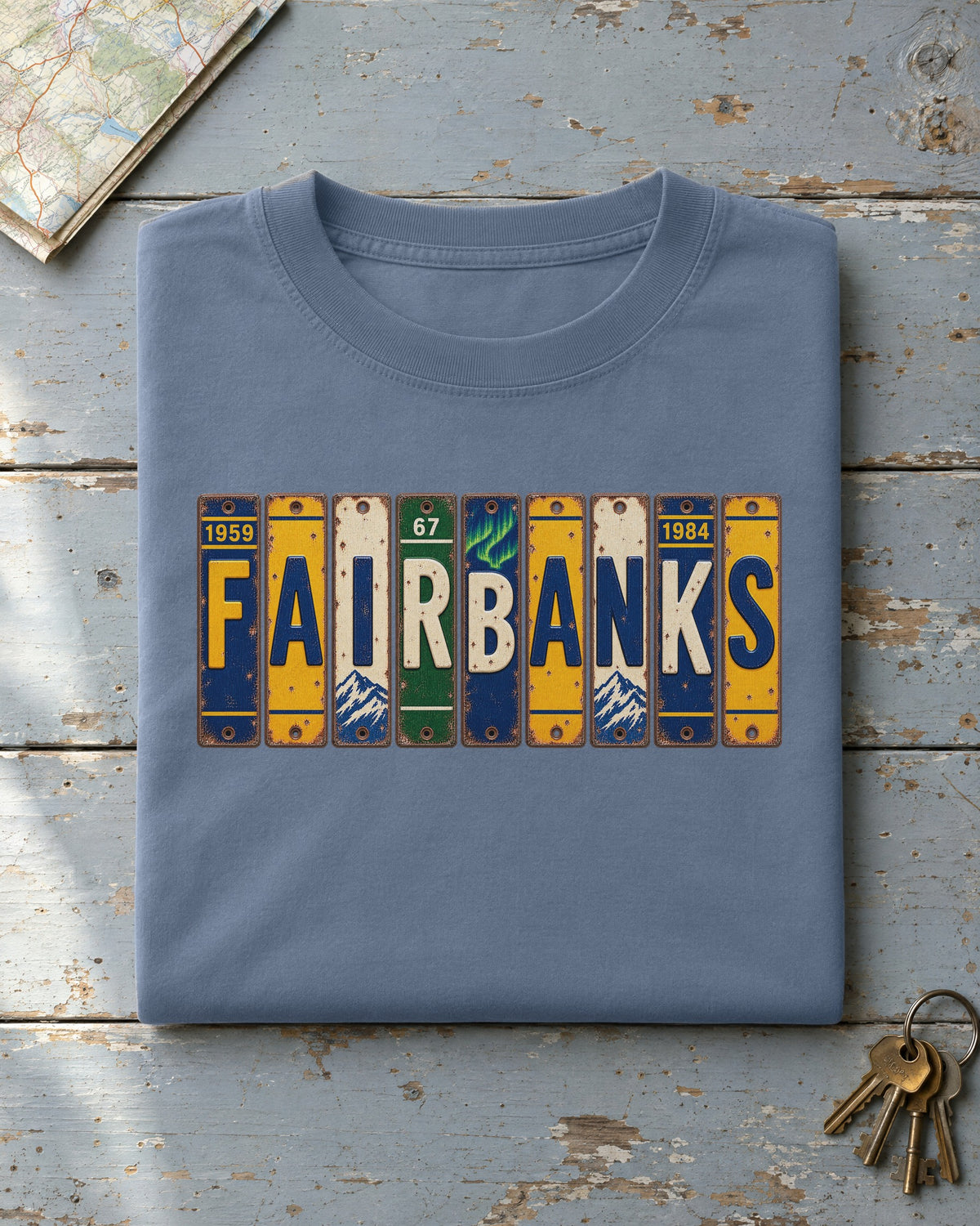 Fairbanks, Alaska vintage license plate t-shirt in Blue Jean