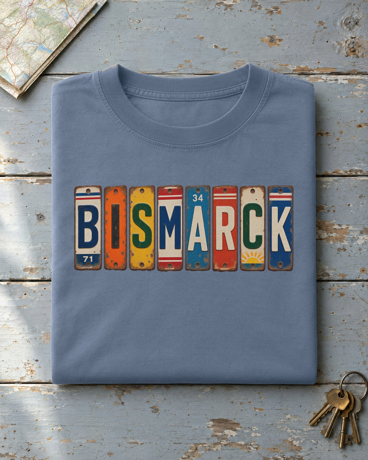 Bismarck, North Dakota vintage license plate t-shirt in Blue Jean